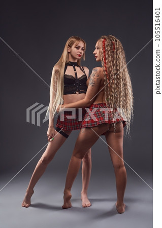 Two sexy girls in provocative outfit in studio Two sexy girls in provocative outfit in studio 105516401