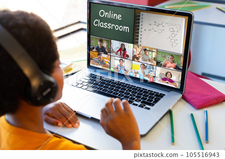 Rear view of a biracial boy having a video conference with diverse students on laptop at home Rear view of a biracial boy having a video conference with diverse students on laptop at home 105516943