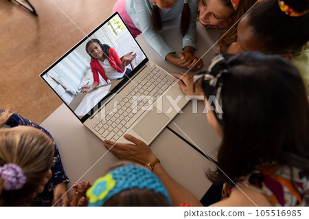 Asian female teacher and diverse students having a video call on laptop with a girl at school Asian female teacher and diverse students having a video call on laptop with a girl at school 105516985