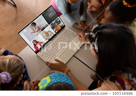 Asian female teacher and diverse students having a video conference on laptop at school Asian female teacher and diverse students having a video conference on laptop at school 105516986