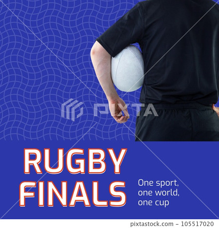 Rugby finals text in white on blue with midsection of caucasian male rugby player holding ball 105517020