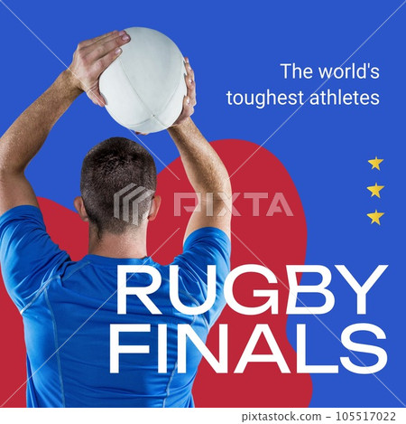 Rugby finals text in white on blue and red with caucasian male rugby player holding ball Rugby finals text in white on blue and red with caucasian male rugby player holding ball 105517022