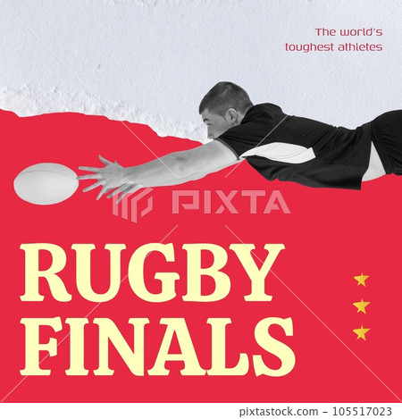 Rugby finals text in yellow on red with caucasian male rugby player reaching for ball Rugby finals text in yellow on red with caucasian male rugby player reaching for ball 105517023
