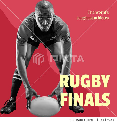 Rugby finals text in yellow on red with african american male rugby player placing ball Rugby finals text in yellow on red with african american male rugby player placing ball 105517034
