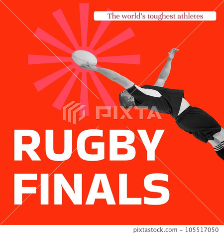 Rugby finals text in white on red with caucasian male rugby player jumping for ball Rugby finals text in white on red with caucasian male rugby player jumping for ball 105517050