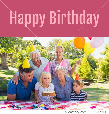 Composite of happy birthday text over happy caucasian family in party hats at birthday party 105517911