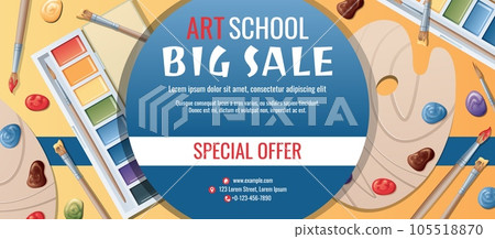 Banner design template for art school, studio, course, class, education. Back to school sale vector background with art paints, brushes and palette. Creativity, hobby. 105518870