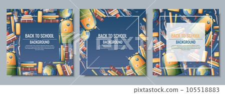 Back to school frame design. Set of postcard templates with backpack, books, globe. School, Knowledge, education.Background with school supplies 105518883