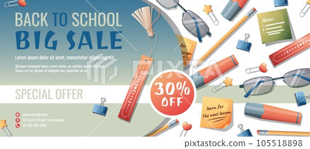 Back to school discount banner template with diary, pencil case, pen and paper clips scattered on the surface. Learning, knowledge, education. Flyer, poster with textbooks 105518898