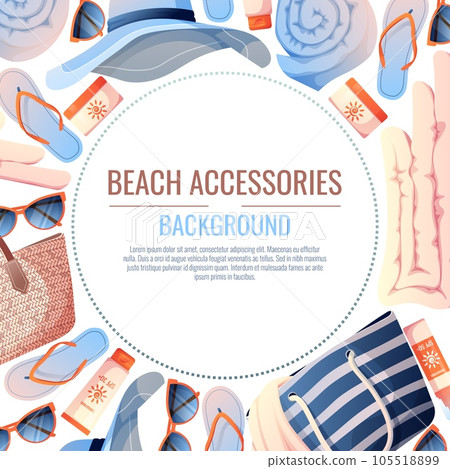Summer background with beach accessories. Beach frame made of straw bag, hat and sunscreen. Beach holidays, holidays, summer time, sea vibe. Poster, flyer, card for summer sale 105518899