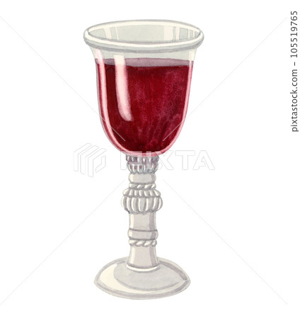 Glass of red wine watercolor illustration isolated on white background. Vintage transparent goblet for kiddush and Shabbat 105519765