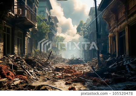 A city destroyed by a powerful earthquake Generative AI 105520478