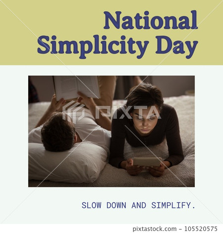 Composition of national simplicity day text over biracial couple reading book and using tablet 105520575