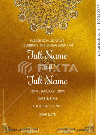Composition of engagement invitation text over indian pattern on yellow background Composition of engagement invitation text over indian pattern on yellow background 105520577
