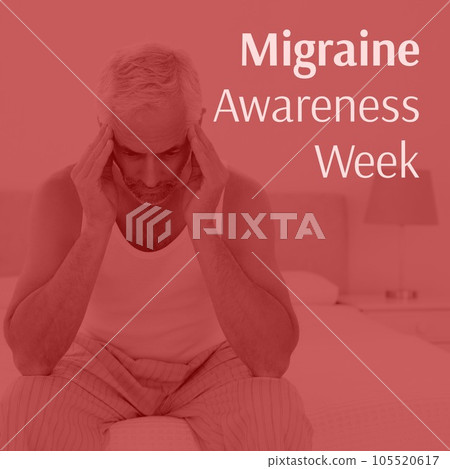 Migraine awareness week text on red with distressed senior caucasian man holding head in pain Migraine awareness week text on red with distressed senior caucasian man holding head in pain 105520617
