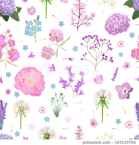 Seamless background of different flowers. Vector illustration Seamless background of different flowers. Vector illustration 105520708