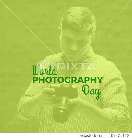World photography day text on green with happy caucasian man looking at camera back 105521460