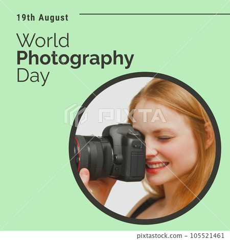 World photography day text and date on green with happy caucasian woman using camera 105521461
