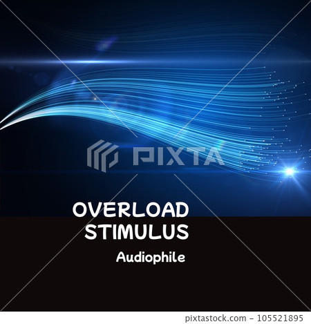 Composition of overload stimulus audiophile text over blue light trails on black background Composition of overload stimulus audiophile text over blue light trails on black background 105521895