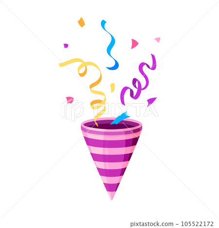 Party popper confetti clapper cracker burst flat. Pink cartoon holiday surprise explosion paper confetti ribbon firework squib firecracker colorful icon birthday card surprise event greeting isolated Party popper confetti clapper cracker burst flat. Pink cartoon holiday surprise explosion paper confetti ribbon firework squib firecracker colorful icon birthday card surprise event greeting isolated 105522172