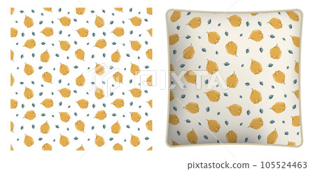 Square decorative pillow, bedroom accessory decorated seamless pattern with quince fruit whole and leaves. Exotic fruit party. Vector ornament for design of posters and printing on textile Square decorative pillow, bedroom accessory decorated seamless pattern with quince fruit whole and leaves. Exotic fruit party. Vector ornament for design of posters and printing on textile 105524463
