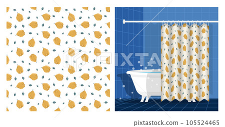 Bathroom interior with bathtub and curtain decorated seamless pattern with quince fruit whole and leaves. Exotic fruit party. Vector illustration, ornament for design of posters, printing on fabric Bathroom interior with bathtub and curtain decorated seamless pattern with quince fruit whole and leaves. Exotic fruit party. Vector illustration, ornament for design of posters, printing on fabric 105524465
