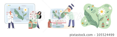 Herbal oils natural medicines. Scientist or doctor making alternative medicine herb, mortar, laboratory glassware plant in tube, flower. Doctor checking medicinal herbs. Herbal medicine. Drug research 105524499