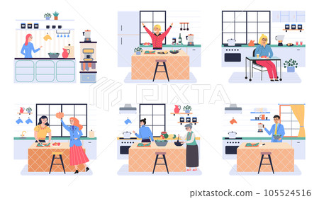 People cooking vegetarian food. Vector illustration. Chef cooks preparing food cook hands on the kitchen table. Set with people who cook and utensils. Food and cooking banner. Cooking vegatable 105524516