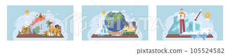 Metaphor climate change, global warming and water crisis. Measuring planet temperature. Global warming, greenhouse, melting ice, earth pollution and disaster. Plastic pollution and ecology problems 105524582