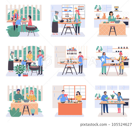 People cooking vegetarian food. Vector illustration. Man and woman with children preparing food for dinner. People cooking. Husband and wife are preparing together. Vegetarian nutrition People cooking vegetarian food. Vector illustration. Man and woman with children preparing food for dinner. People cooking. Husband and wife are preparing together. Vegetarian nutrition 105524627