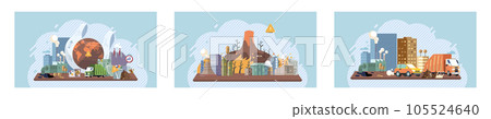 Saving the planet, World Environment Day. Planet Earth in smoke, plastic, garbage. Global warming set. Greenhouse effect of CO2. Eco activist. Ecological catastrophy. Earth with reasons of destroying 105524640