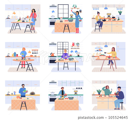 People cooking vegetarian food. Vector illustration. Woman cutting salad ingredients by recipe. Vegetarian cafe. Person meal preparation. Set of male and female characters cooking on kitchen 105524645