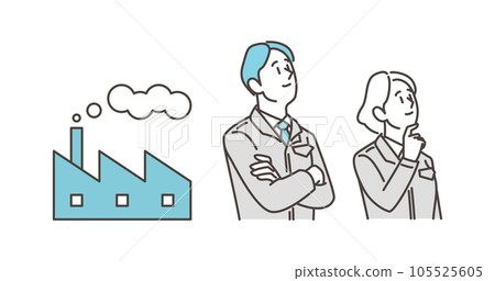 穿著工作服思考的男女工人和工廠[矢量插圖素材] 105525605