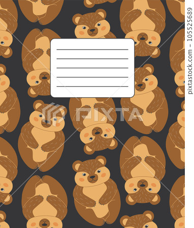 Cover design for notebooks, planners with the image of a funny bear on a dark background. Vector illustration in cartoon style. Cover design for notebooks, planners with the image of a funny bear on a dark background. Vector illustration in cartoon style. 105525689