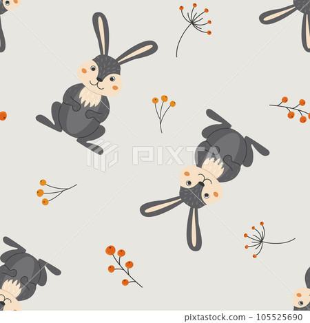 Seamless pattern with cute rabbit and twigs in cartoon style. Animals in the forest. Vector illustration. Seamless pattern with cute rabbit and twigs in cartoon style. Animals in the forest. Vector illustration. 105525690