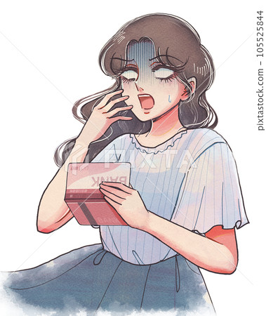 一個女孩卡通風格的女人,有一個浪費的習慣,一隻手拿著存摺電擊 一個女孩卡通風格的女人,有一個浪費的習慣,一隻手拿著存摺電擊 105525844