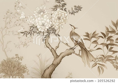 Beautiful pattern of tree with flowers and birds in chinese style. Beige, pastel colors. High quality illustration Beautiful pattern of tree with flowers and birds in chinese style. Beige, pastel colors. High quality illustration 105526292