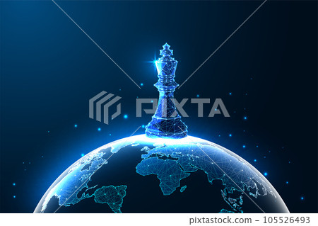 Global strategy concept with Earth globe and chess figure in futuristic glowing low polygonal style 105526493