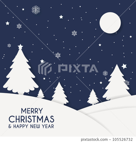 Merry chrismas and Happy new year greeting card. Winter night with christmas tree and moon. Paper art style. Vector Merry chrismas and Happy new year greeting card. Winter night with christmas tree and moon. Paper art style. Vector 105526732