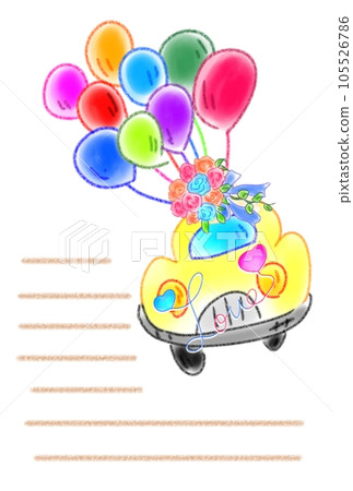 Postcard with a yellow car flying with heart balloons Postcard with a yellow car flying with heart balloons 105526786