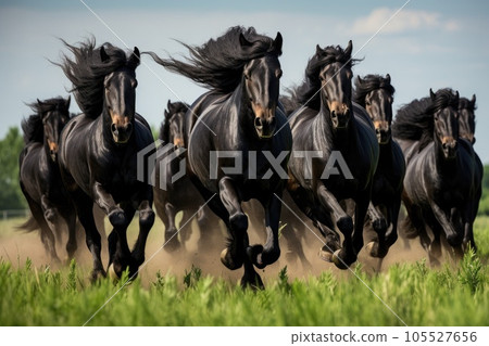 Herd of Friesian black horses galloping in the grass 105527656