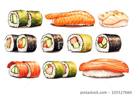 A set of fresh sushi rolls with salmon, avocado. Japanese sushi on white background 105527660