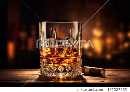 Whiskey glass and cigar on wooden table Whiskey glass and cigar on wooden table 105527665