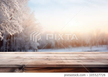 Wooden table top on blurred background of winter landscape - for display your products 105527726
