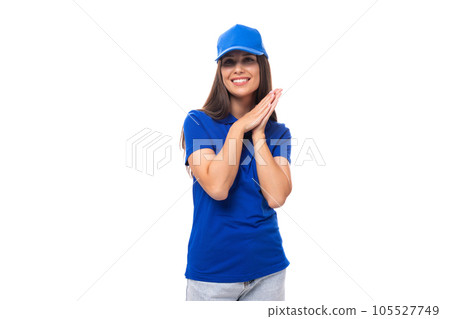 pretty friendly young woman in blue cotton t-shirt and cap with merch perspective pretty friendly young woman in blue cotton t-shirt and cap with merch perspective 105527749