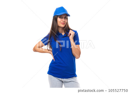 young caucasian brunette woman in blank blue t-shirt and cap 105527750