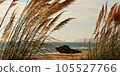 Golden Grass and Rocky Shoreline: A Serene Beachscape. Horizontal banner 105527766