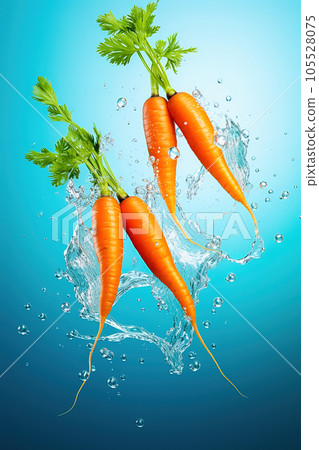 Young carrot with water splash on a blue background. Young carrot with water splash on a blue background. 105528075