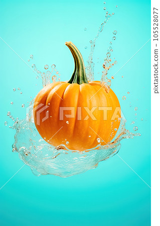 Pumpkin fruit with splashes of water on a blue background. Pumpkin fruit with splashes of water on a blue background. 105528077