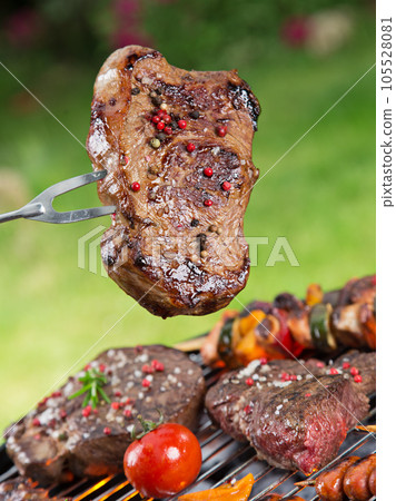 Assorted delicious beef meat with vegetable on a barbecue grill. 105528081